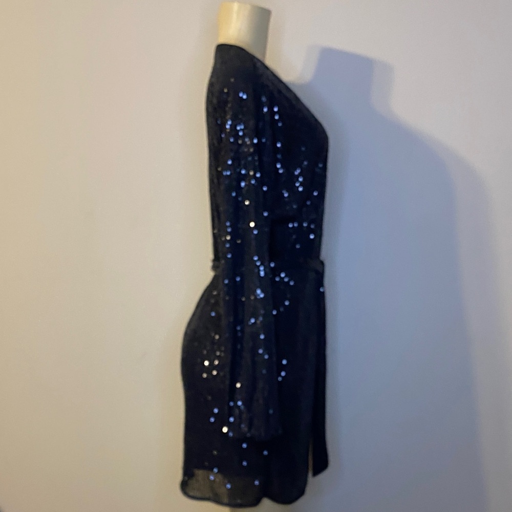 Forever 21 Black Sequin Faux Wrap Belted Dress Size L - Picture 5 of 8
